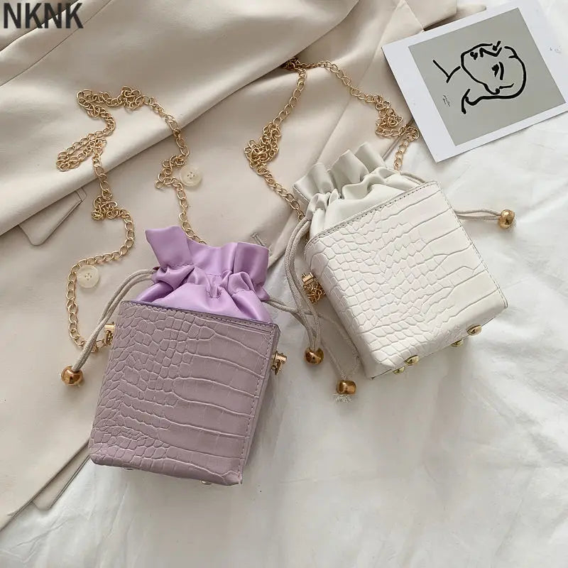 Purple Drawstring Mini Handbags Women Small Square Shoulder Bag