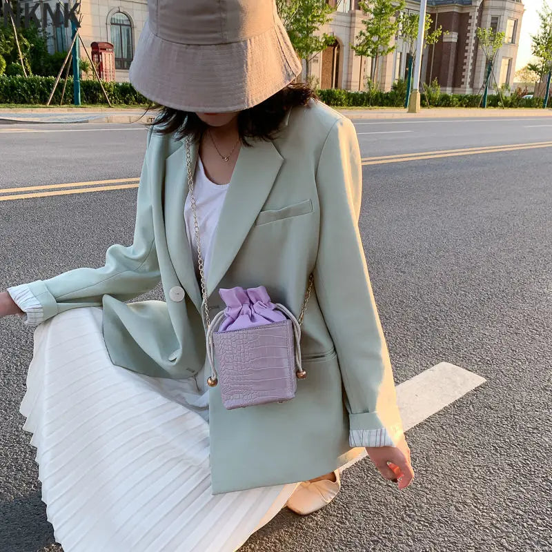 Purple Drawstring Mini Handbags Women Small Square Shoulder Bag