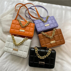 Purple Leather Crossbody Bag Plaid Shoulder Bag With Chain Handle