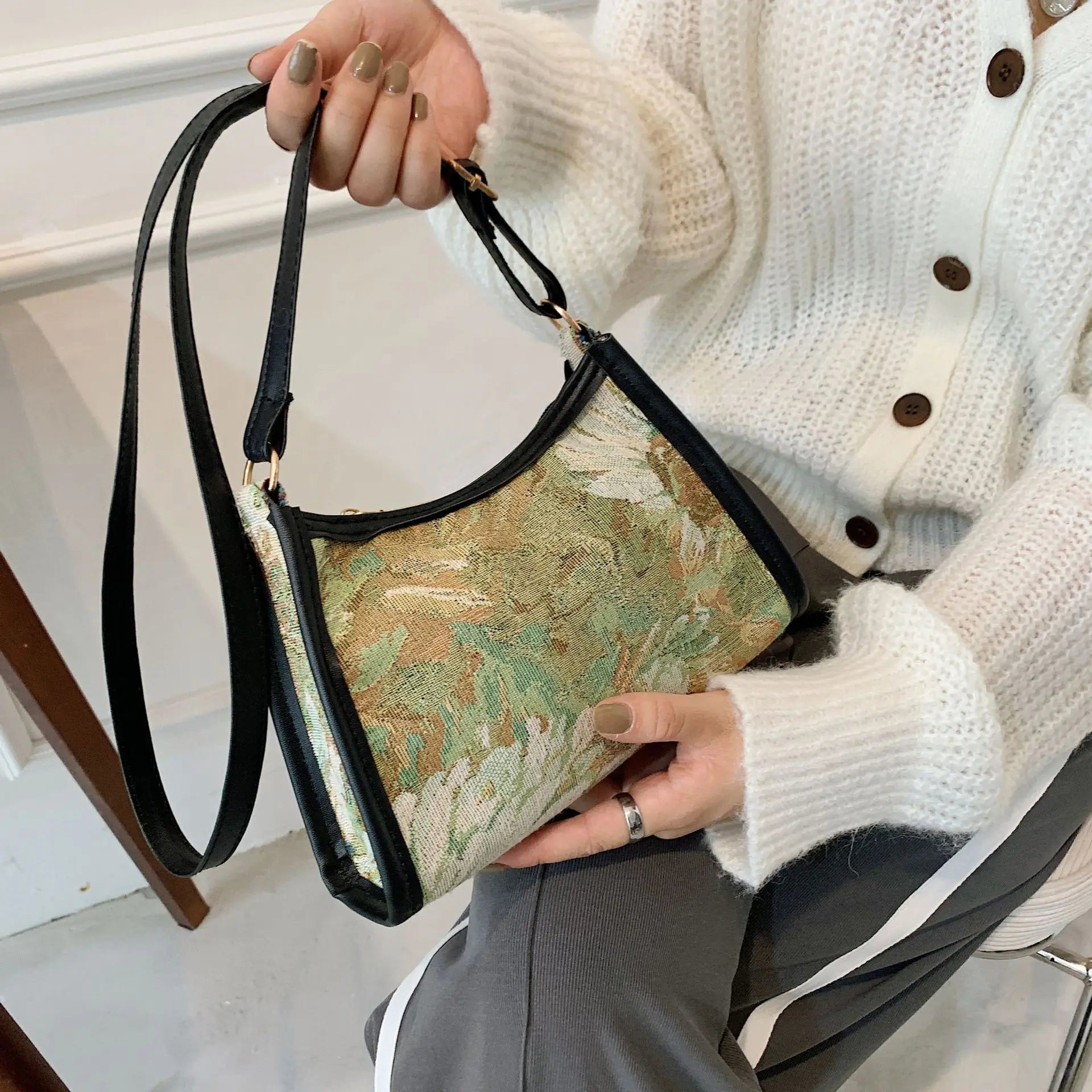 Canvas Portable Casual Oil Painting Shoulder Bag Winter Style