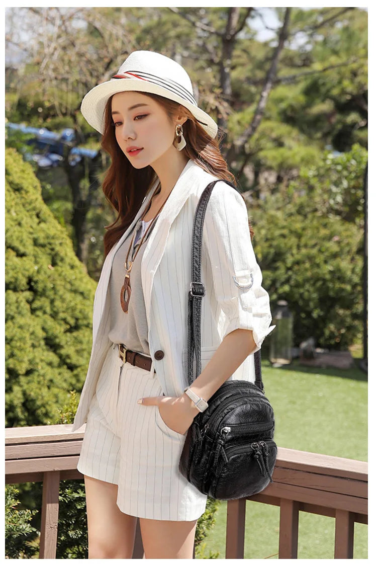 QiaoSanSan Women's Handbag Soft Leather Feeling One-shoulder Retro Multi-layer L