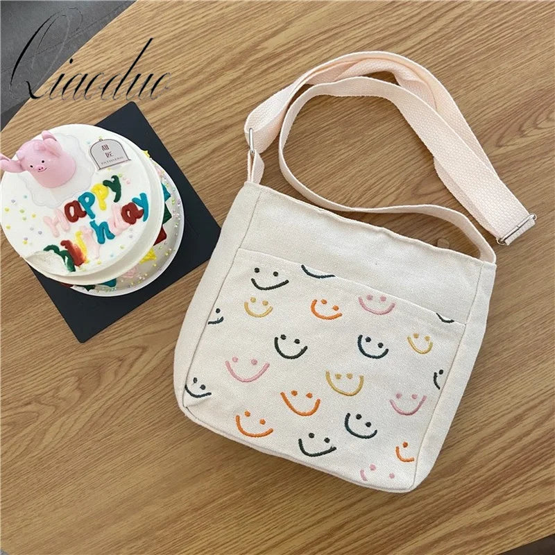 Smiling Face Crossbody Bag Cute Girls Handbag Canvas Shoulder Bag