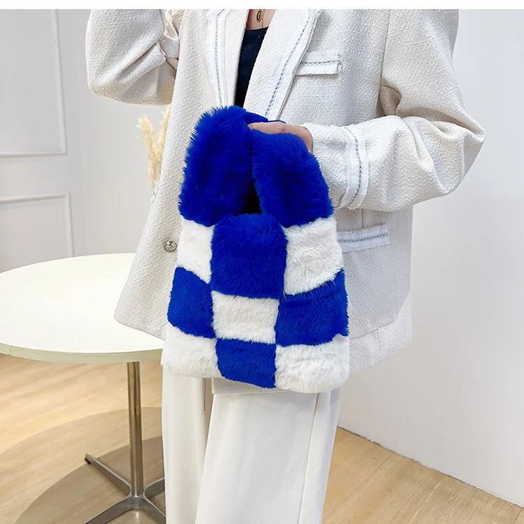 Soft Plush Chessboard Pattern Handbag