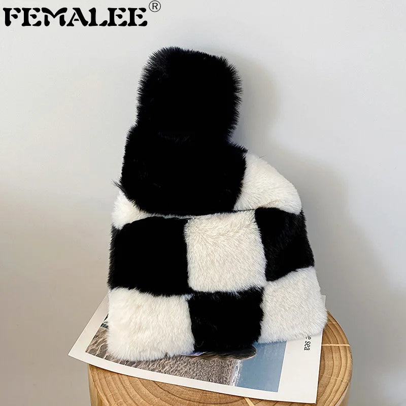 Soft Plush Chessboard Pattern Handbag