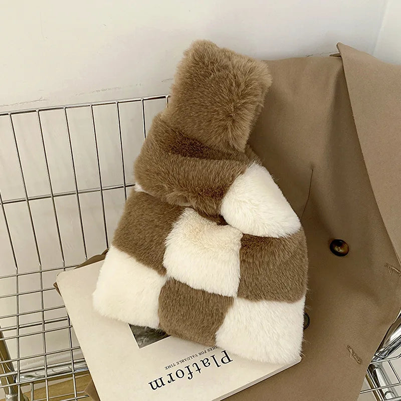 Soft Plush Chessboard Pattern Handbag
