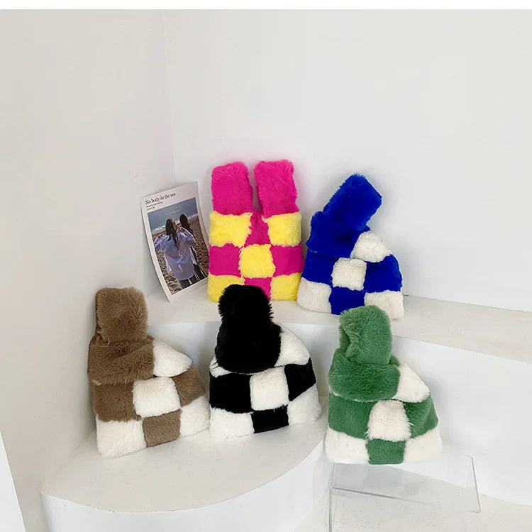 Soft Plush Chessboard Pattern Handbag