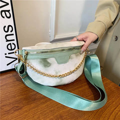 Women's Leather Chain Waist Bag Wide Strap Shoulder Crossbody Chest Bag
