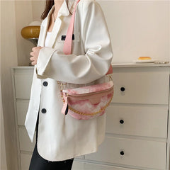 Women's Leather Chain Waist Bag Wide Strap Shoulder Crossbody Chest Bag