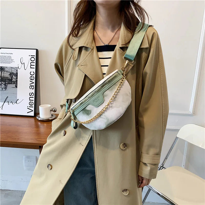 Women's Leather Chain Waist Bag Wide Strap Shoulder Crossbody Chest Bag