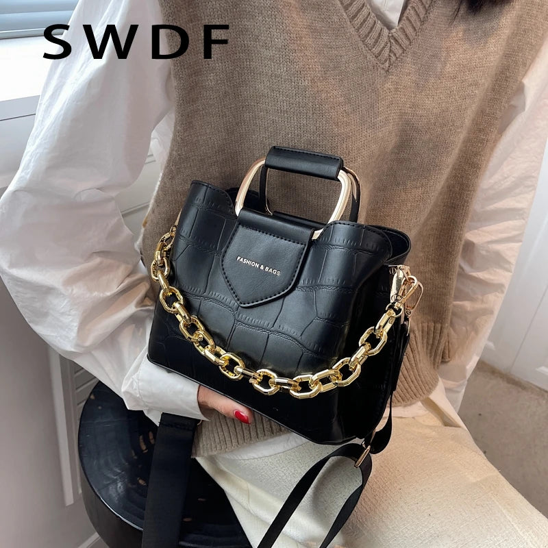 Stone Pattern Leather Crossbody Bucket Thick Chain Bags for Women