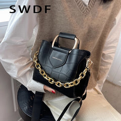 Stone Pattern Leather Crossbody Bucket Thick Chain Bags for Women