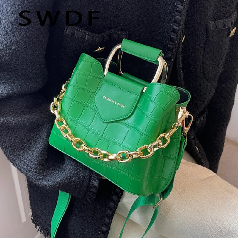 Stone Pattern Leather Crossbody Bucket Thick Chain Bags for Women