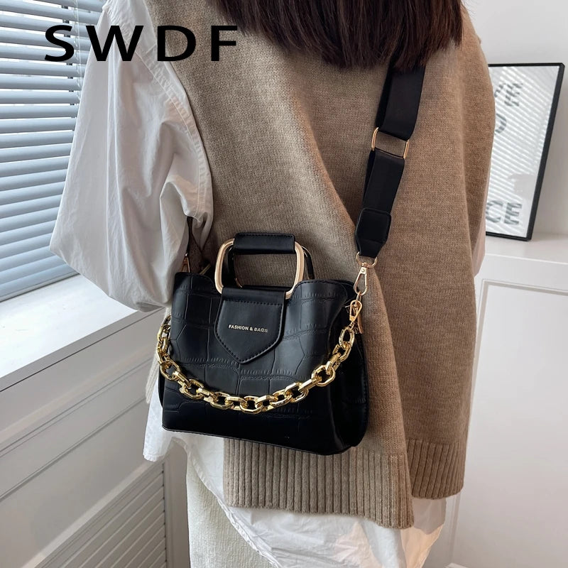 Stone Pattern Leather Crossbody Bucket Thick Chain Bags for Women