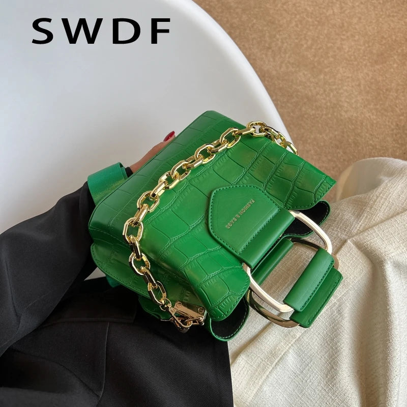 Stone Pattern Leather Crossbody Bucket Thick Chain Bags for Women