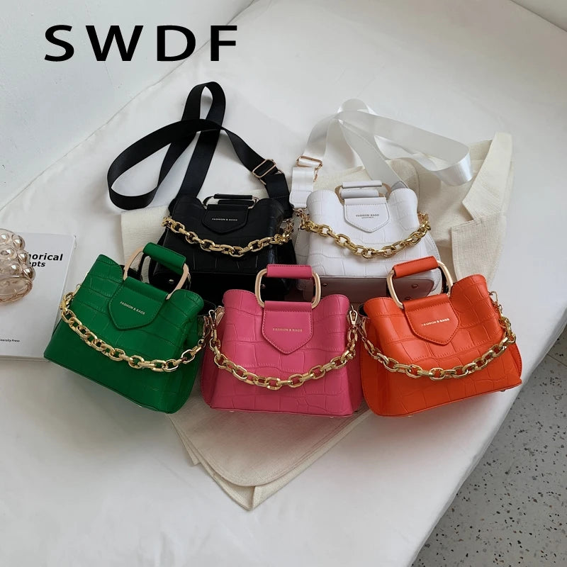 Stone Pattern Leather Crossbody Bucket Thick Chain Bags for Women