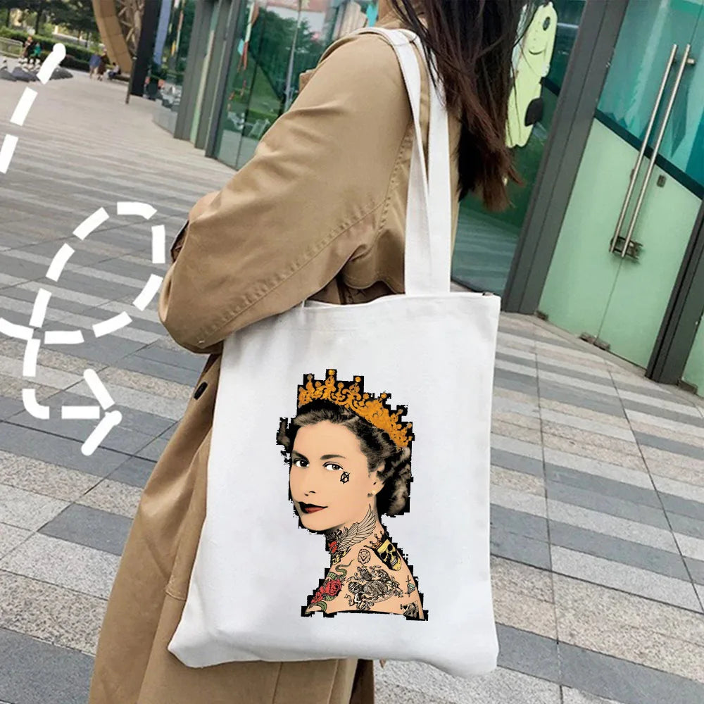 Queen Elizabeth II England British Painting Women Canvas Shopper Bag