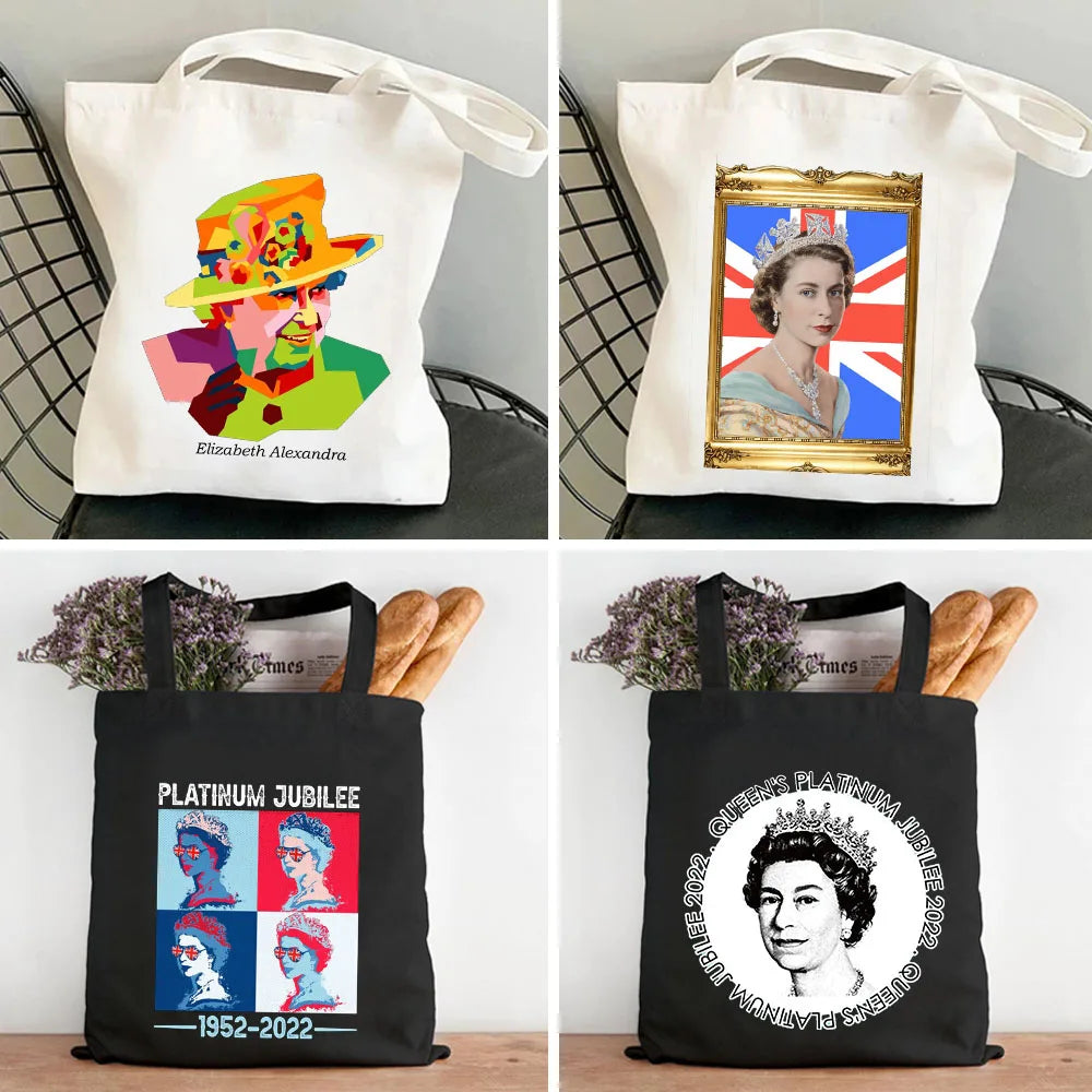 Queen Elizabeth II England Flag British Painting Women Canvas Shopper Bag