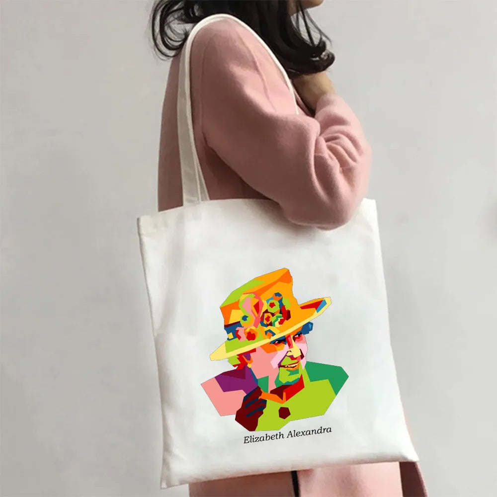 Queen Elizabeth II England Flag British Painting Women Canvas Shopper Bag