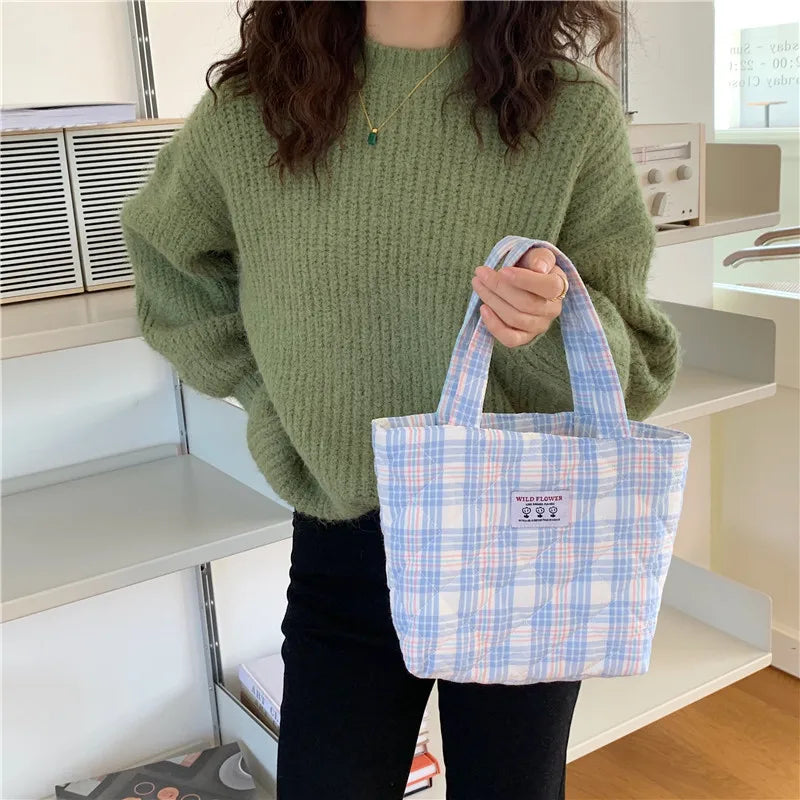 Quilted Check Women Clutch Handbag Retro Plaid Ladies Bento Shoulder Bag