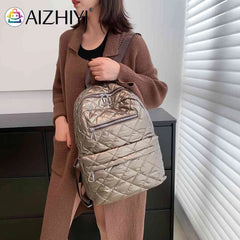 Quilted Cotton-Padded Backpack Nylon Rhombic Lattice College Bookbag