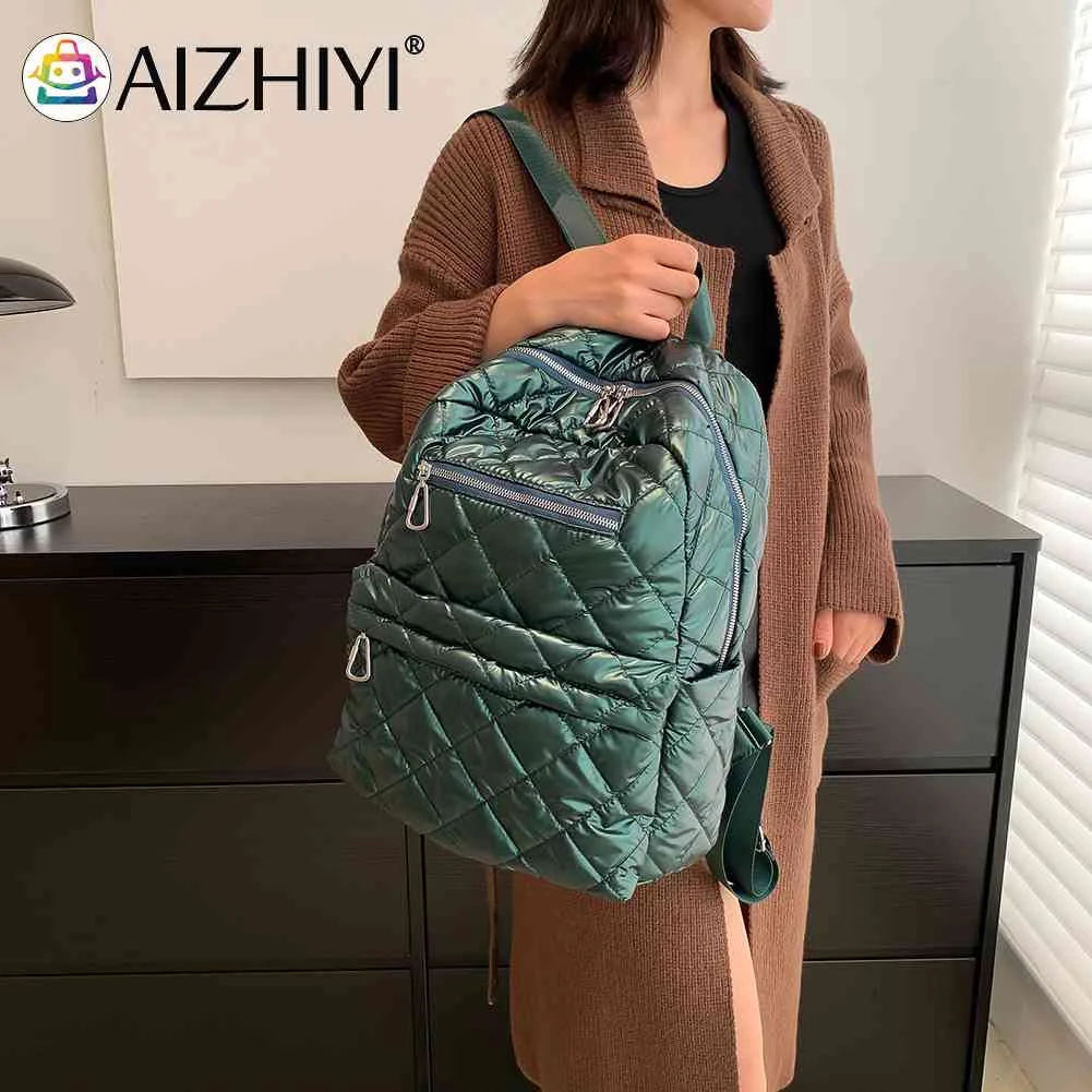 Quilted Cotton-Padded Backpack Nylon Rhombic Lattice College Bookbag