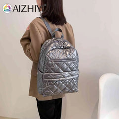 Quilted Cotton-Padded Backpack Nylon Rhombic Lattice College Bookbag