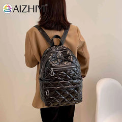 Quilted Cotton-Padded Backpack Nylon Rhombic Lattice College Bookbag