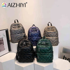 Quilted Cotton-Padded Backpack Nylon Rhombic Lattice College Bookbag