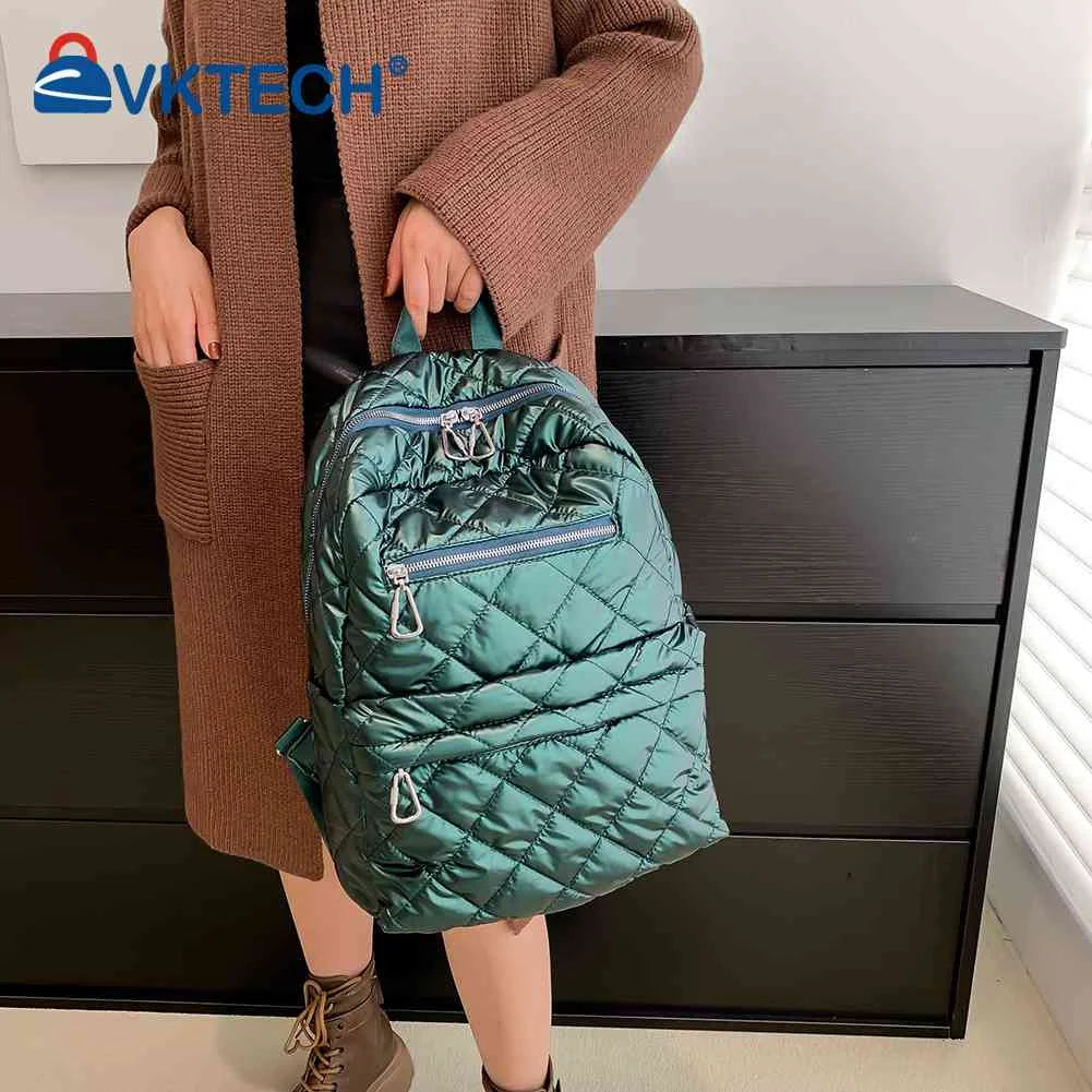 Quilted Cotton-Padded Backpack Nylon Rhombic Lattice Ladies Knapsack