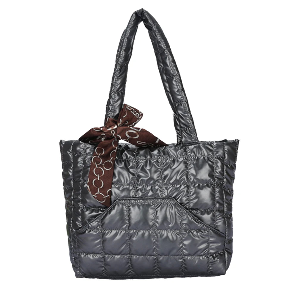 Quilted Women's Bag Feather Down Top-handle Bag with Bow