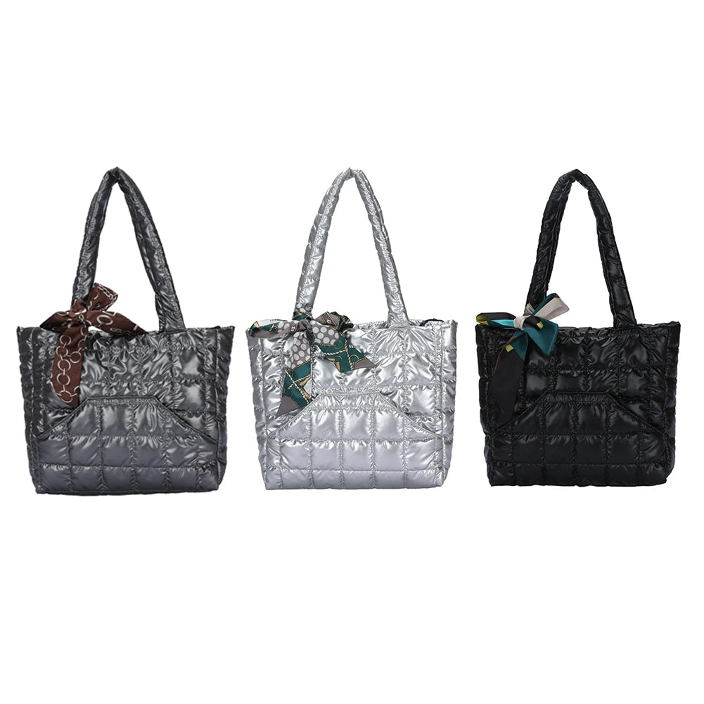 Quilted Women's Bag Feather Down Top-handle Bag with Bow