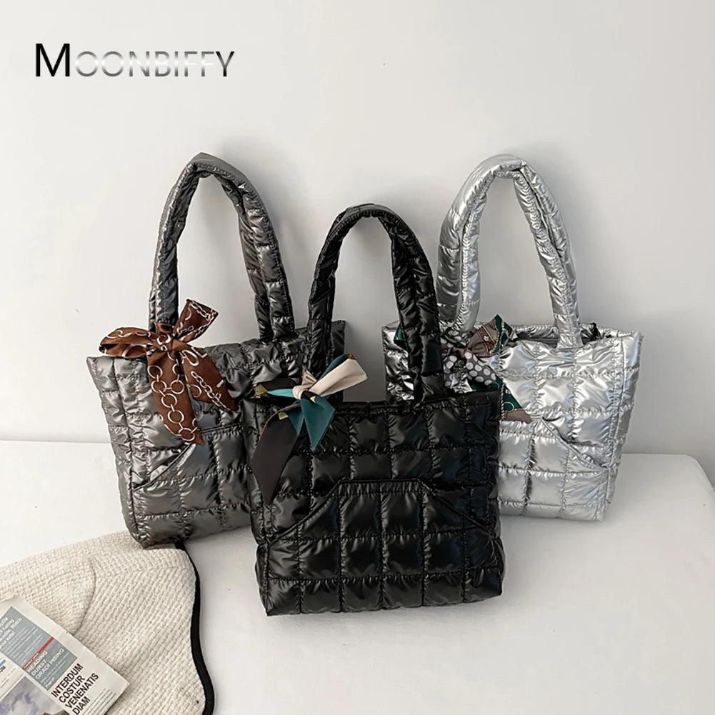 Quilted Women's Bag Feather Down Top-handle Bag with Bow