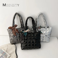 Quilted Women's Bag Feather Down Top-handle Bag with Bow