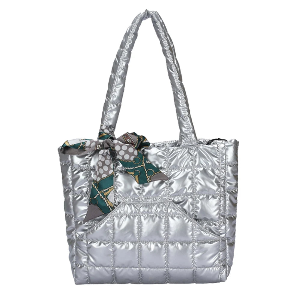 Quilted Women's Bag Feather Down Top-handle Bag with Bow