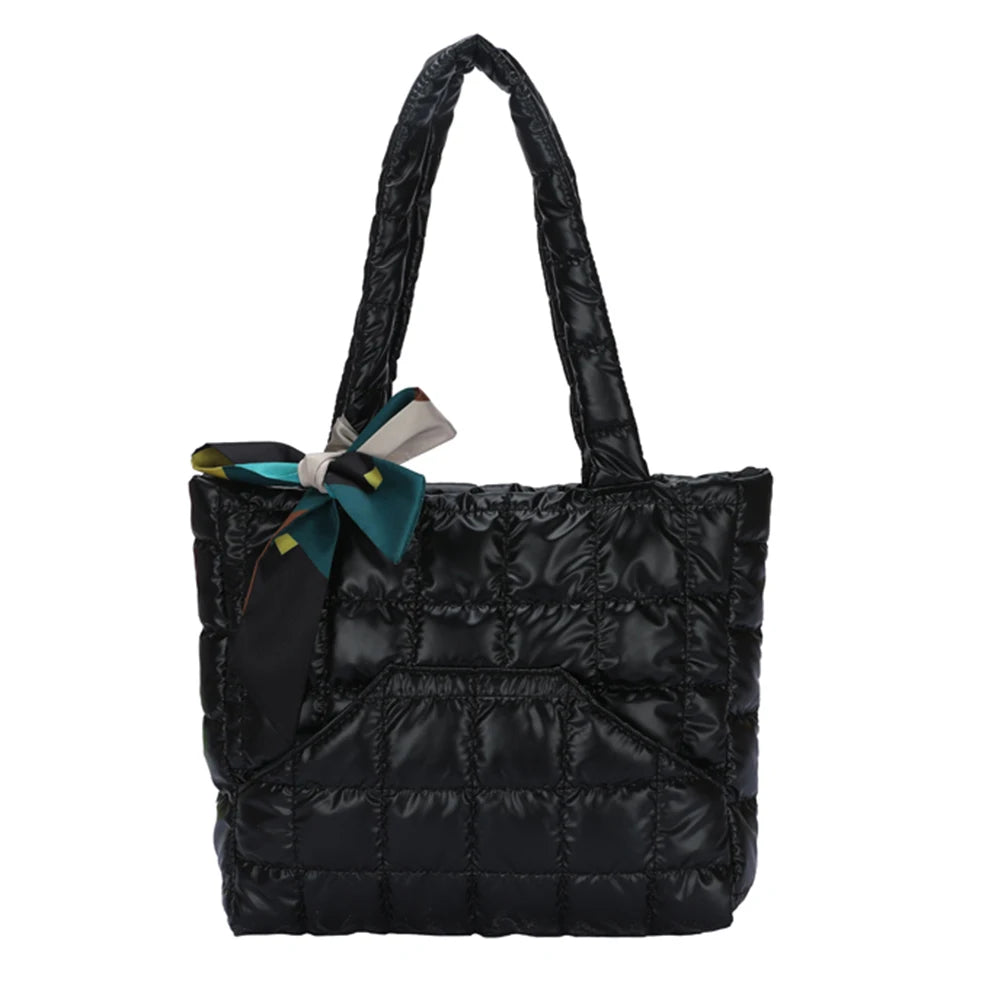 Quilted Women's Bag Feather Down Top-handle Bag with Bow