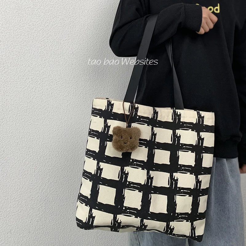 Women's Shoulder Bag Check Zipper Shopper Bag
