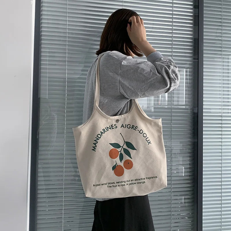 Canvas Women's Shoulder Bag Large Capacity Fruit Print Handbag