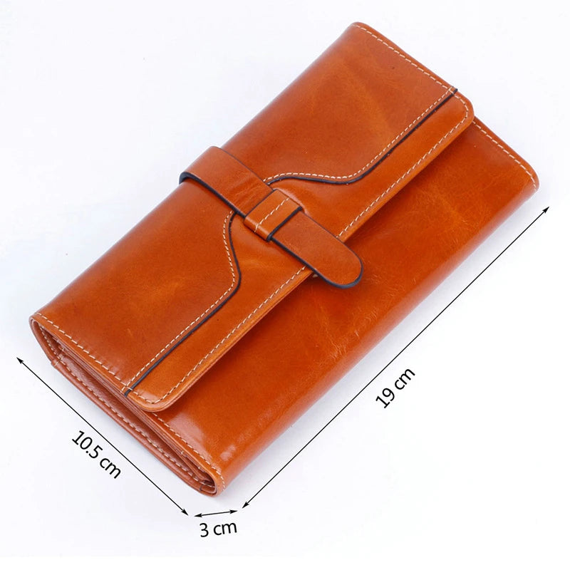 RFID Women Wallets Oil Wax Cowhide Leather Zipper Long Purse