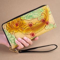 RFID Leather Wallet Women Long 3D Fish Lotus Clutch Bag Large Capacity