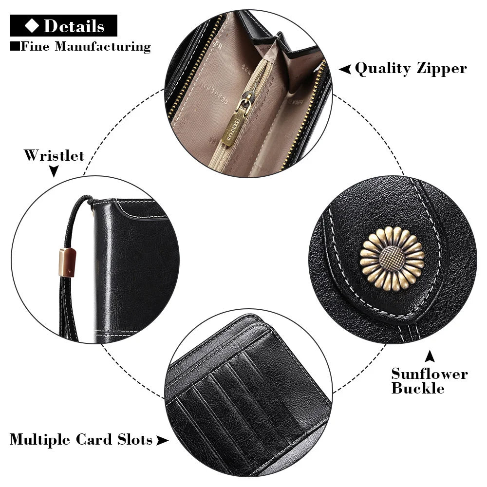 RFID Leather Women's Long Zipper Wallet Large Capacity Handbag