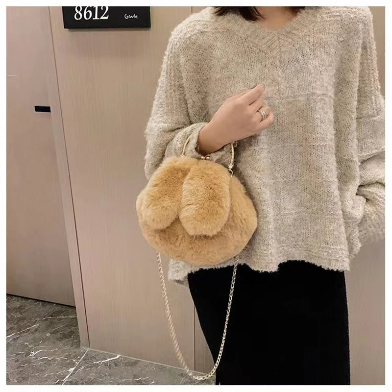Faux Fur Rabbit Ear Crossbody Bag with Chain