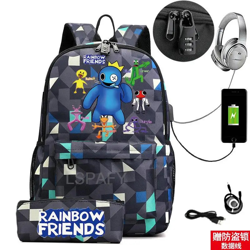 Rainbow Backpack Canvas Waterproof Anti-Theft USB Charging