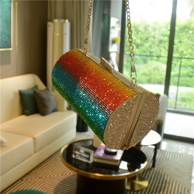 Rainbow Gradient Diamond Clutch Bag Evening Shoulder Chain Banquet Bag