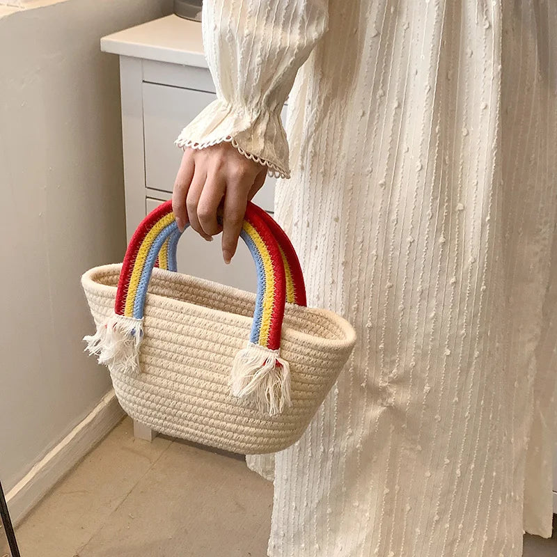Rainbow Handle Small Top Handle Totes Female Handbags Women Shopper Shoulder Bag