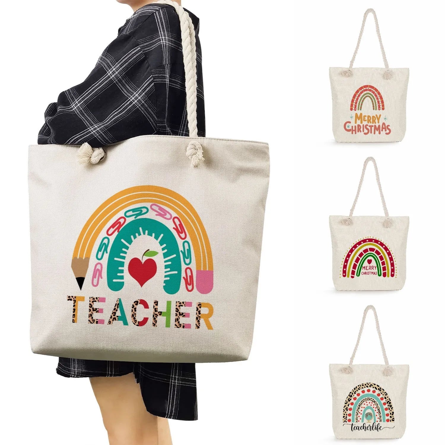 Rainbow Teacher Handbags Foldable Shopping Bags Large Travel Tote Gift