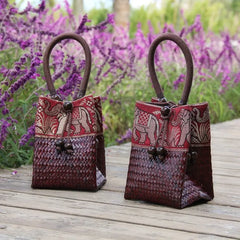 Vintage Distressed Straw Bag Woven Mini Tote Bucket Bag