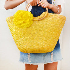 Rattan Handle Woven Flower Straw Bag Women Large-Capacity Handbag