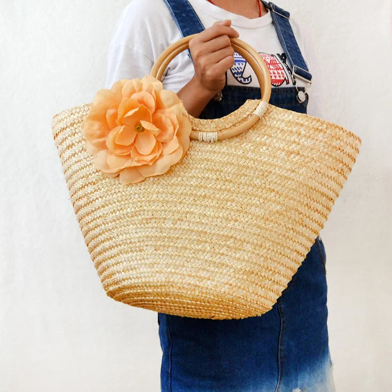 Rattan Handle Woven Flower Straw Bag Women Large-Capacity Handbag