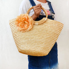 Rattan Handle Woven Flower Straw Bag Women Large-Capacity Handbag