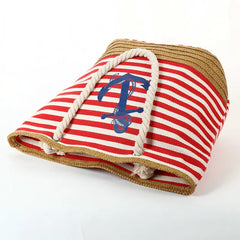 Navy Style Canvas Tote Bag with Straw Weave Beach Shopping Bag